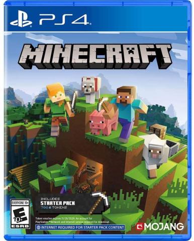 A picture of the PS4 edition of the popular video game Minecraft. The cover shows the iconic cubic art style of the game, with characters holding pickaxes and walking next to animal companions such as pigs and sheep. Below the human characters are the enemies that can be encountered, which are green cubic characters known as Creepers.