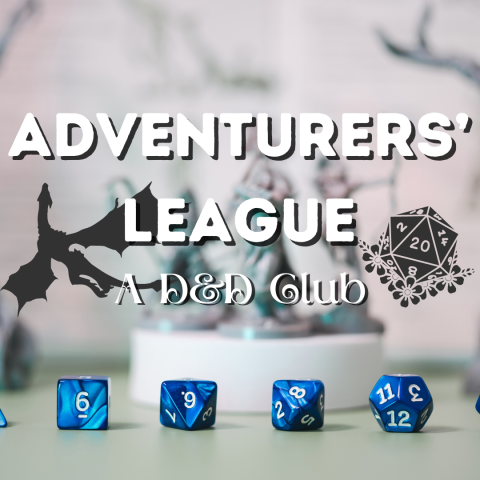 A picture with three blurred out figures in the background and a row of blue dice in the foreground. Text stating "Adventurers' League A D&D Club" is displayed on top.