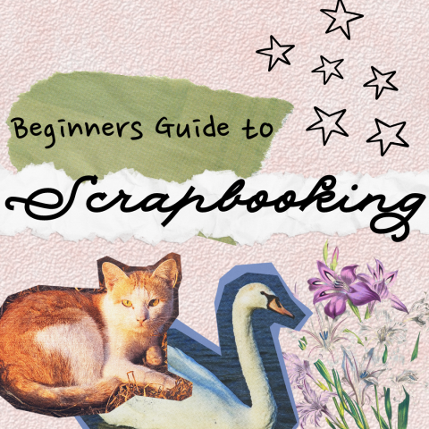 Text saying "Beginners Guide to Scrapbooking" sits overtop a scrapbook-like background.