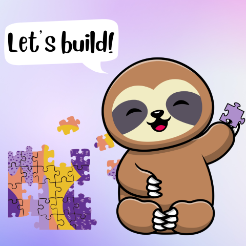 Jeff the sloth holding a puzzle piece with a speech bubble that says "Let's Build!"