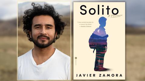 Photo of author Javier Zamora with the cover of Solito