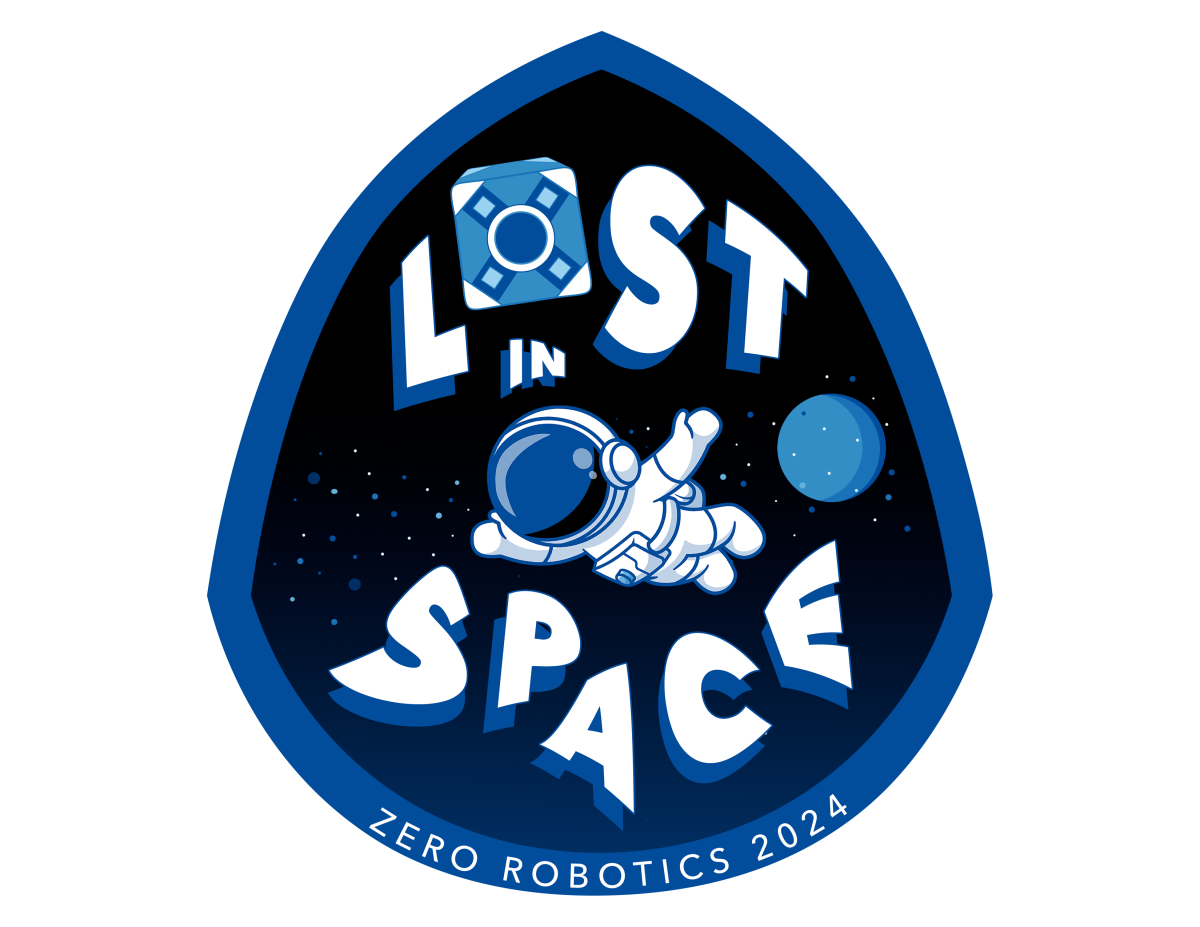 The words "Lost in Space" and a cartoon astronaut in white and blue text on a black background in a teardrop shaped logo badge.