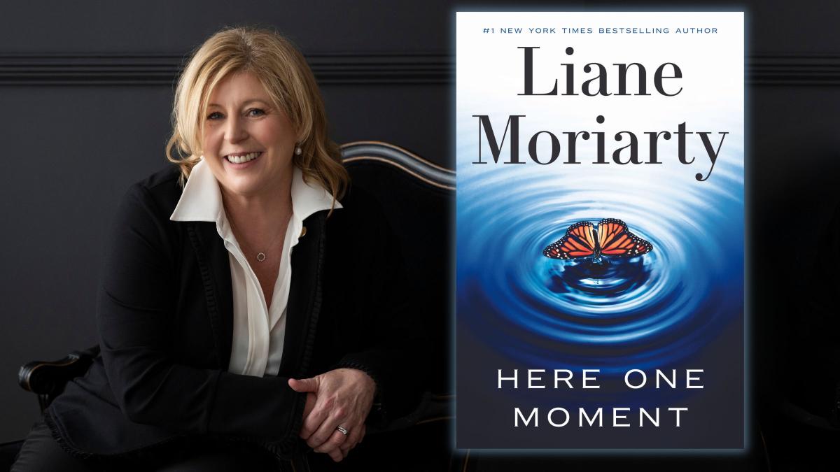 Photo of author Liane Moriarty with the cover of Here One Moment