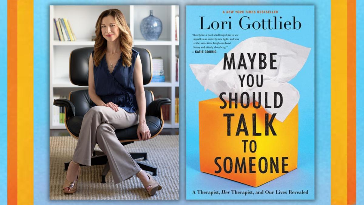 Photo of author Lori Gottlieb with the cover of Maybe You Should Talk to Someone